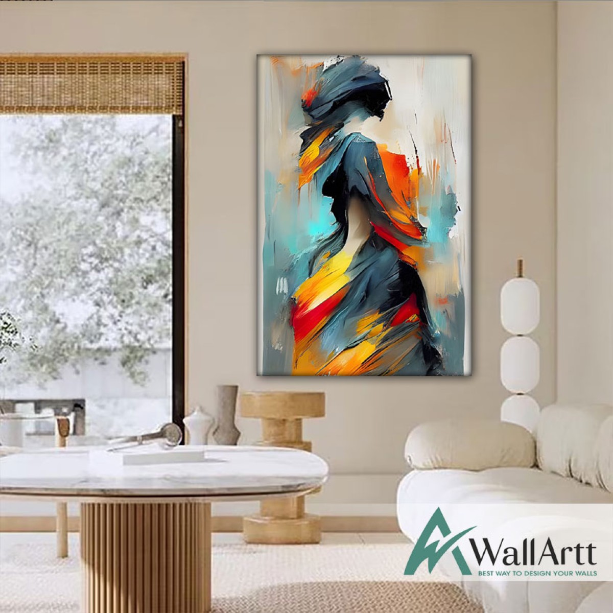 Abstract Orange Woman II Textured Partial Oil Painting - Wall Art